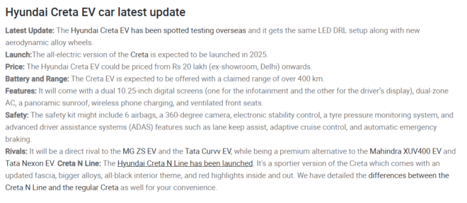 Hyundai Creta EVRemove term: new led new ledRemove term: Creta EV Creta EVRemove term: Hyundai Creta EV Features Hyundai Creta EV FeaturesRemove term: Hyundai Creta EV Battery and range Hyundai Creta EV Battery and rangeRemove term: Hyundai Creta EV price Hyundai Creta EV priceRemove term: inch touch screen infotainment system inch touch screen infotainment systemRemove term: Rotary dial gear knob instead of gear lever Rotary dial gear knob instead of gear lever