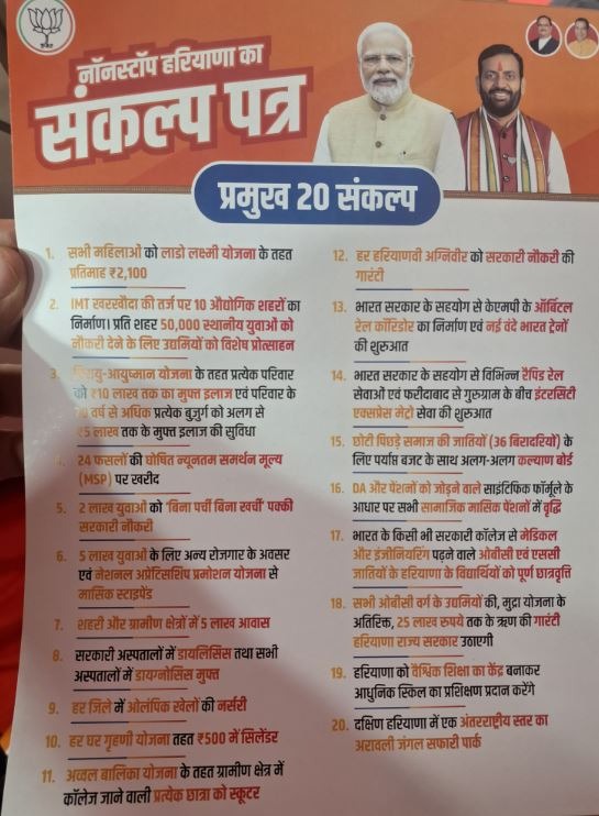 हरियाणा चुनाव, भाजपा, जारी किया घोषणापत्र, 2100 रुपये प्रतिमाह, Haryana elections, BJP, released manifesto, 2100 rupees per month,